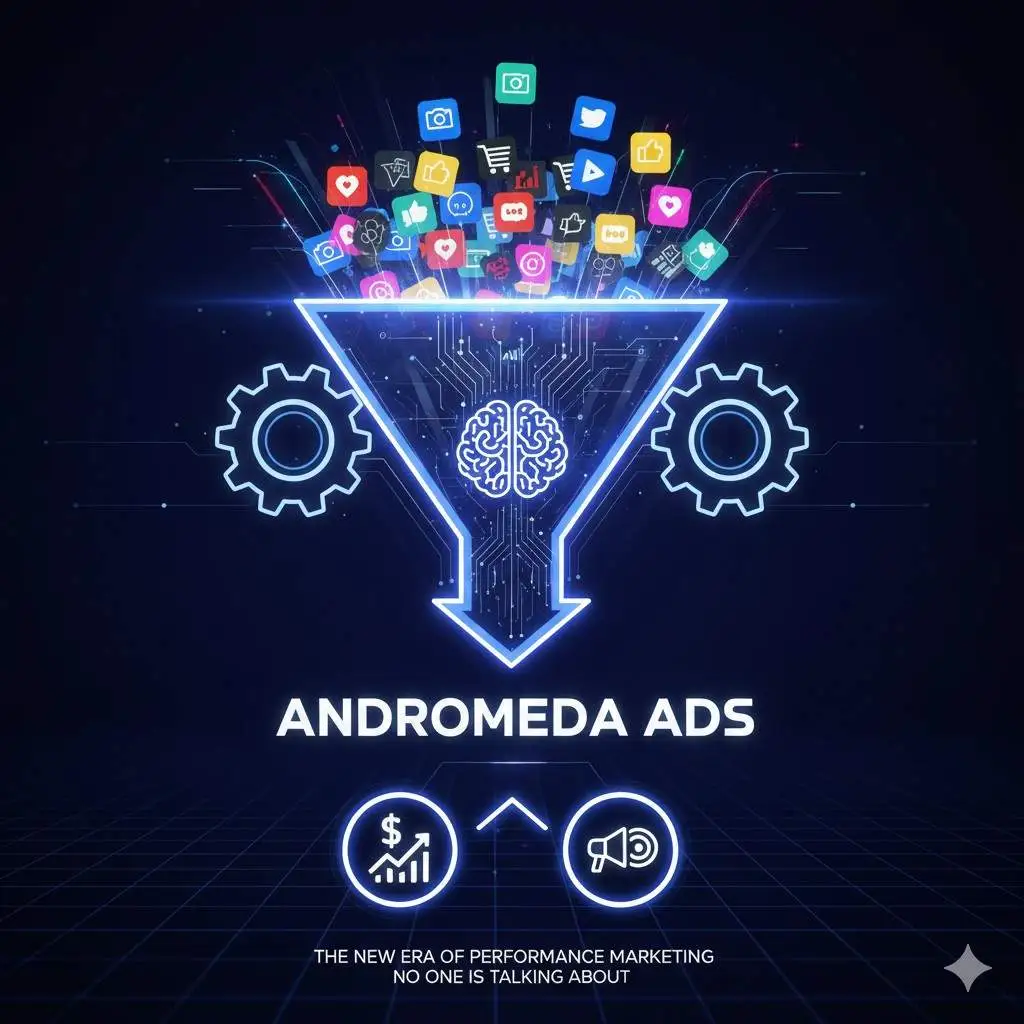 A futuristic digital funnel visual with social media icons flowing into a neural network, symbolizing AI-driven marketing efficiency — representing Adromeda Ads, the next evolution in performance marketing.